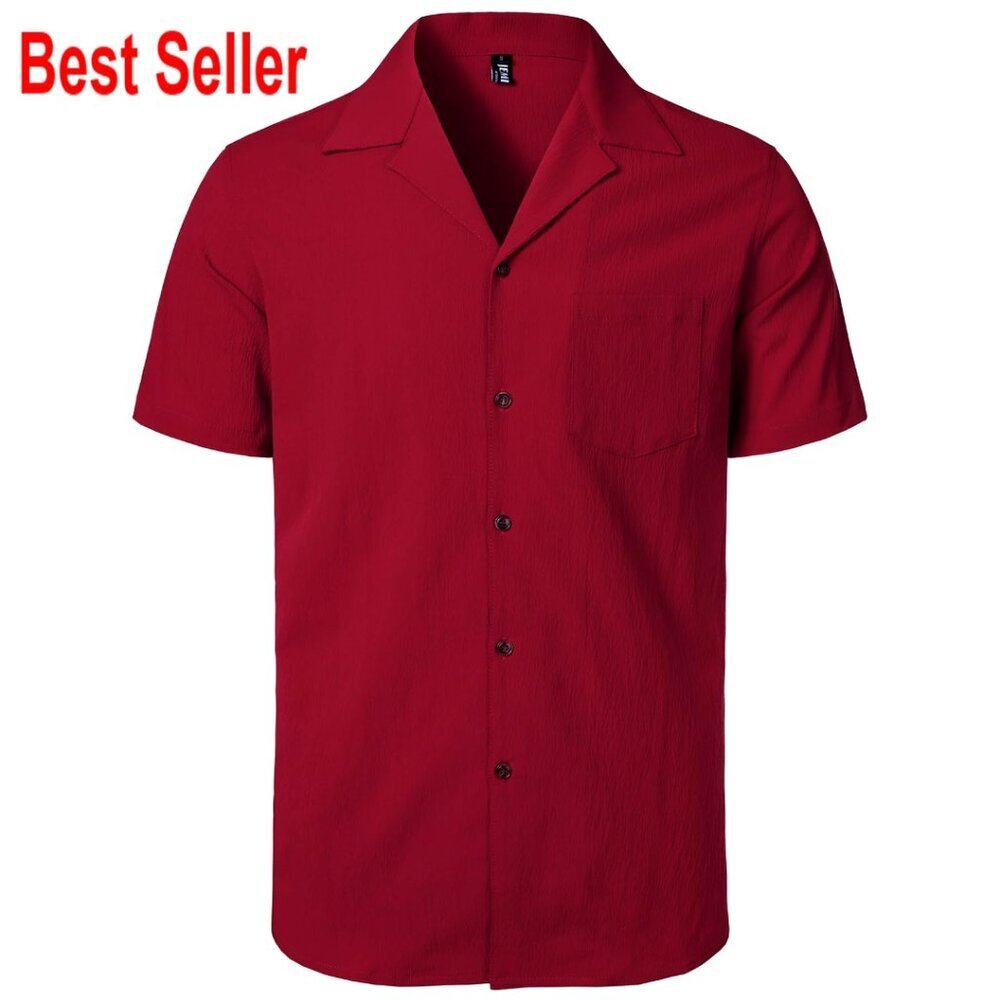 Stretch Cuban Collar Short Sleeve Button Down Shirt with Pocket